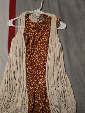Rare Editions Cream Open-Knit Vest with Rust Floral Dress